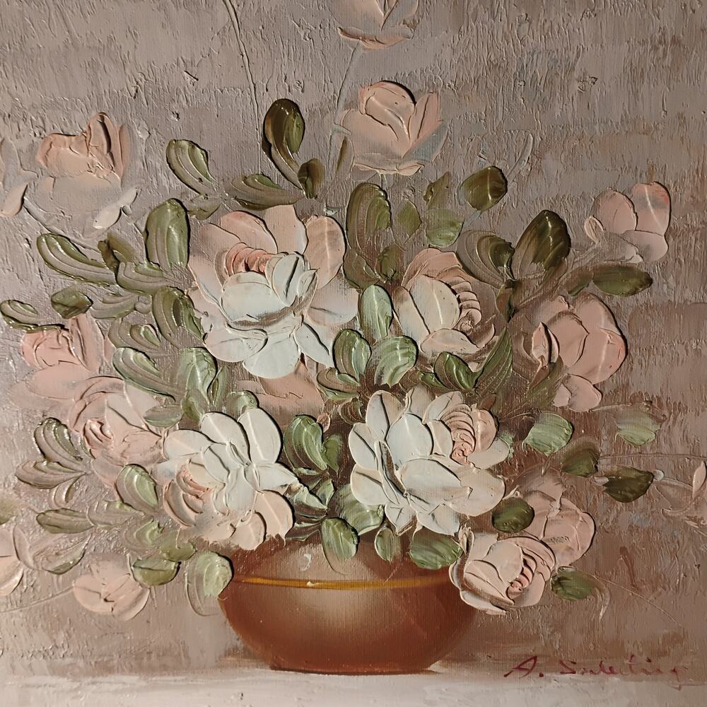 Original Vintage Floral Oil Painting Gold Framed 20x16 Impasto Roses Signed Art